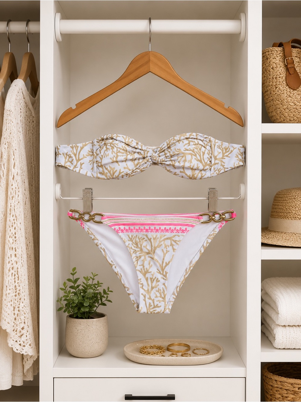 Victoria’s Secret White & Gold Coral Print Bandeau Bikini with Pink Accent
